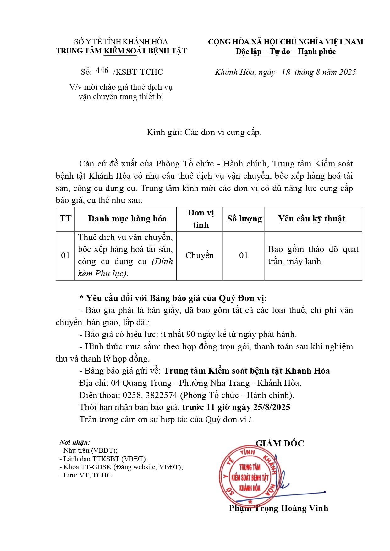 V/v mời chào giá thuê dịch vụ vận chuyển trang thiết bị